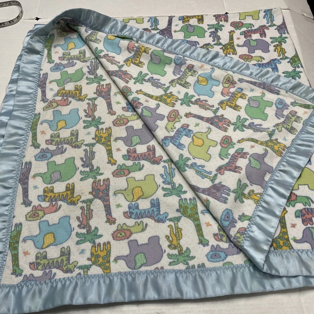Vintage Blanket‎ Baby Boy Blue Animal Print Satin Trim Zoo Monkey Elephant Lion